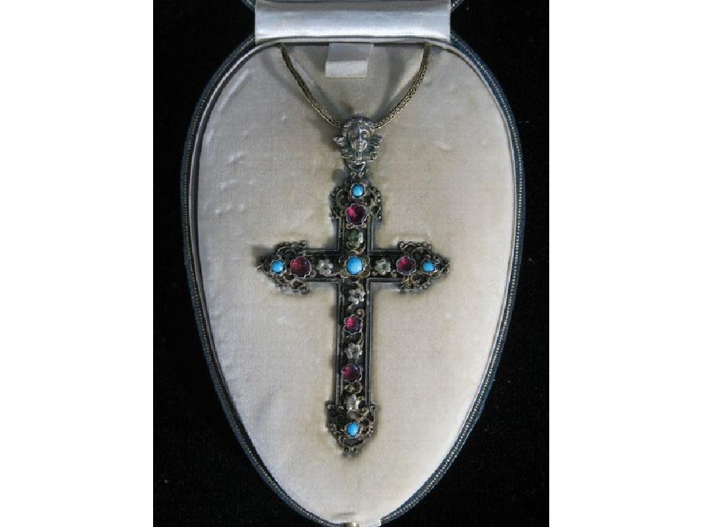 Appraisal: AN EDWARDIAN SILVER CROSS set pink foiled stones and turquoise