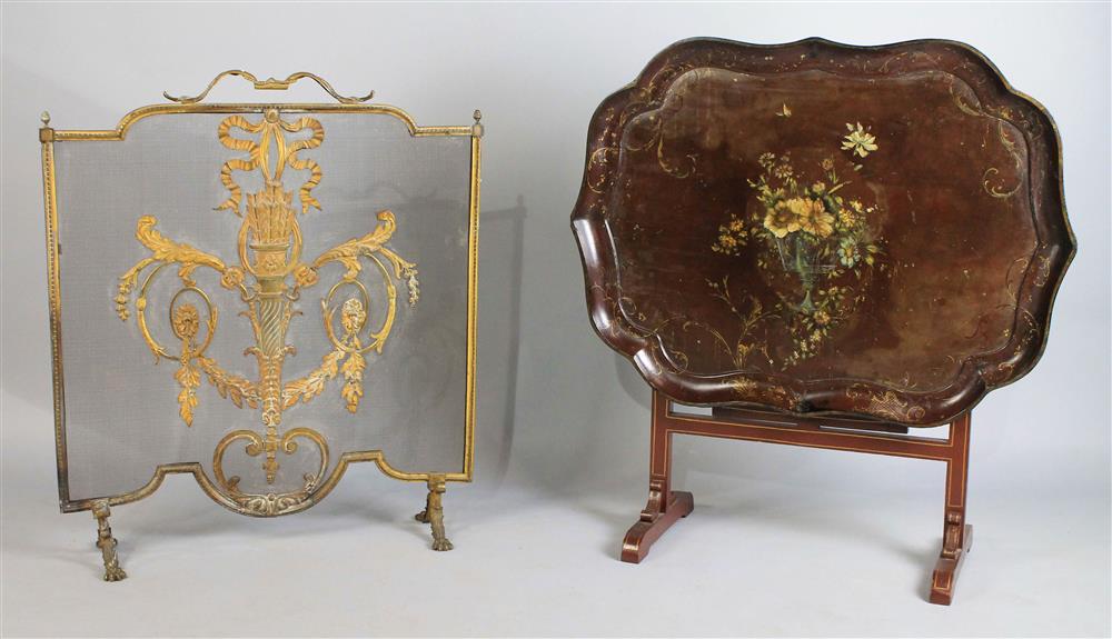 Appraisal: LOUIS XVI STYLE BRASS FIRE SCREEN TOGETHER WITH A PAPIER