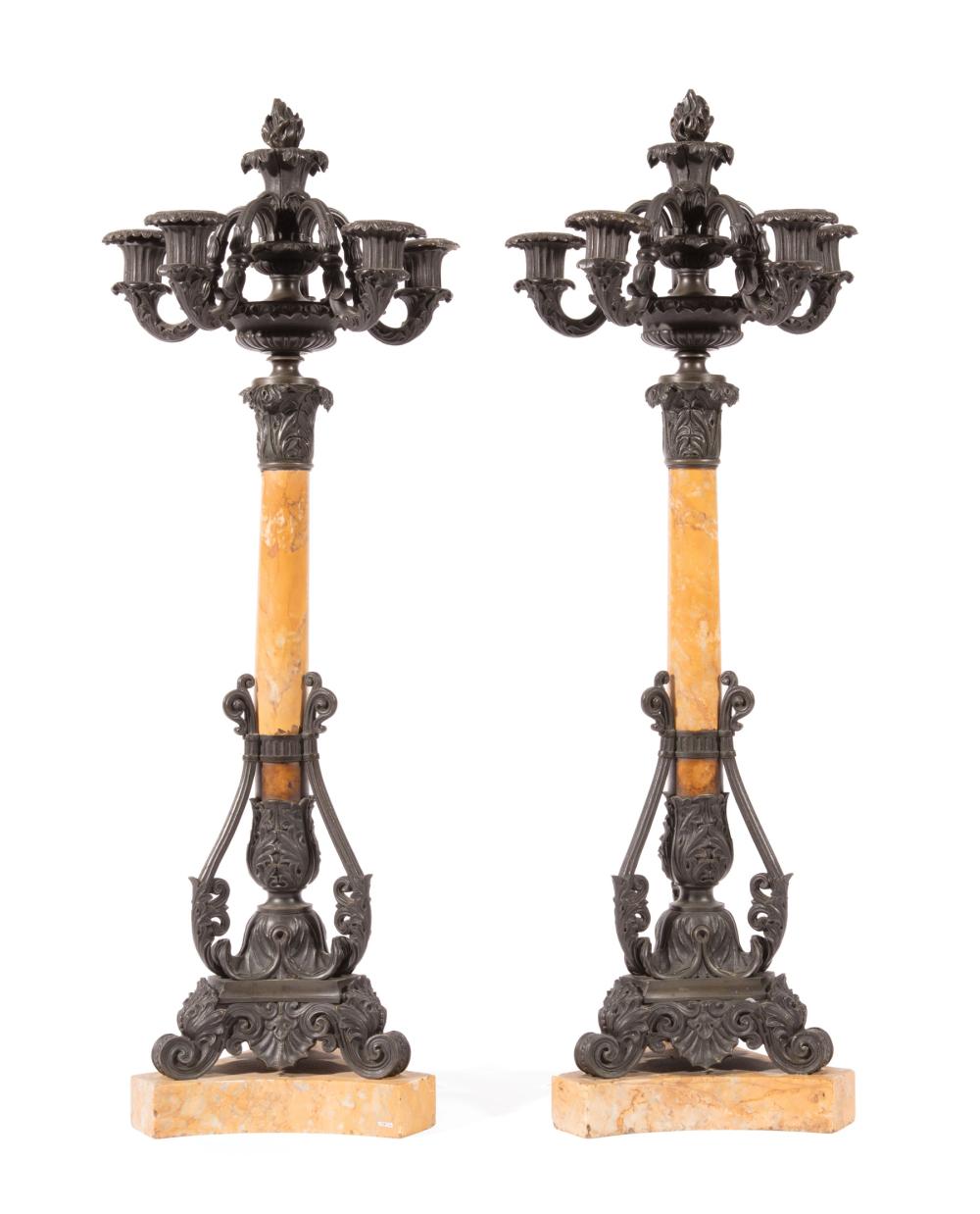 Appraisal: Pair of Restauration-Style Patinated Bronze and Marble Six-Light Candelabra late