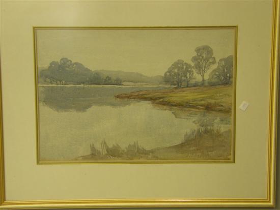 Appraisal: A J Billinghurst watercolour riverscape with trees and hills beyond