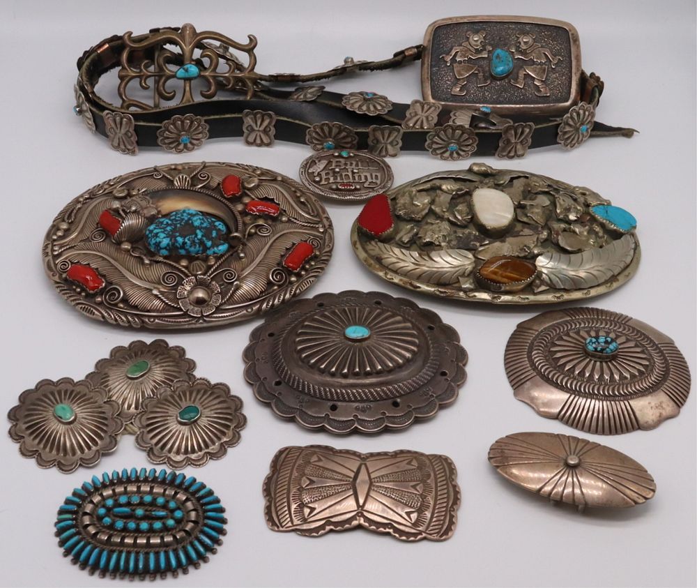 Appraisal: STERLING Assorted Southwest Buckles and Belts Includes an oval brooch