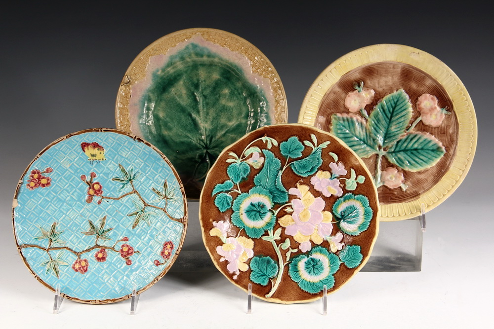 Appraisal: MAJOLICA PLATES - Including Apple Blossom Plate with blue basketweave