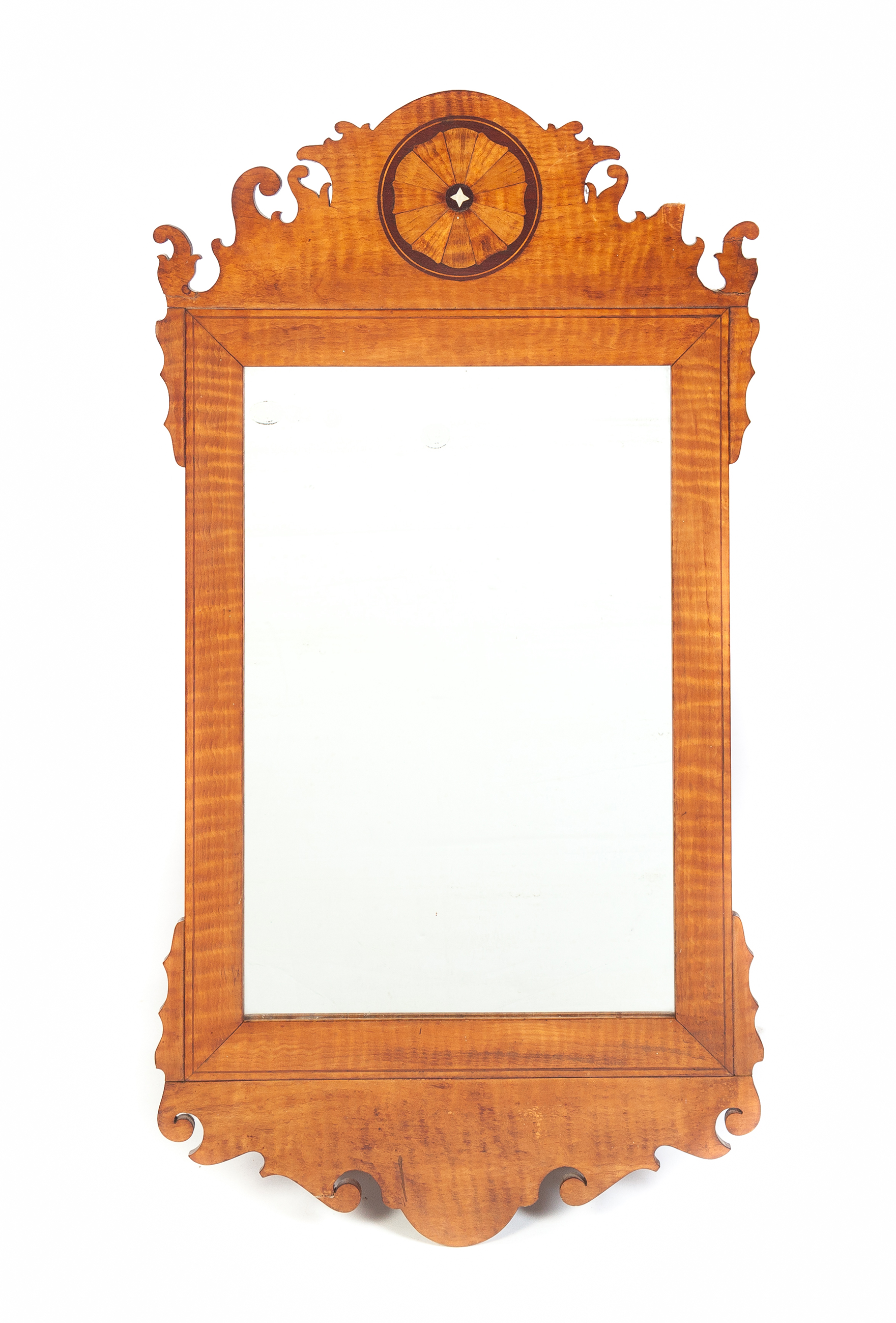 Appraisal: AMERICAN CHIPPENDALE STYLE MIRROR Nineteenth century curly maple Inlaid crest