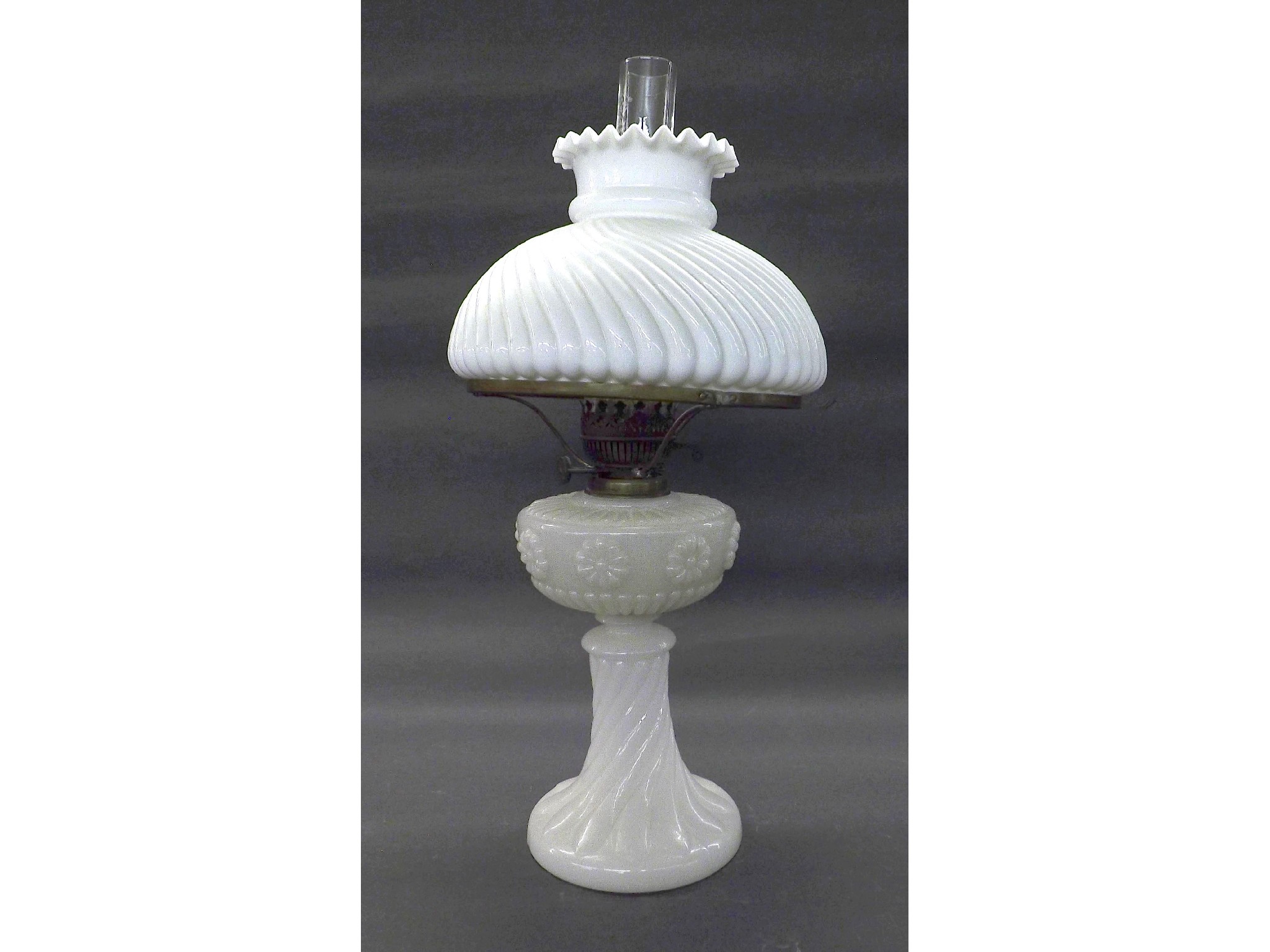 Appraisal: Moulded opaline glass oil lamp with wrythen fluted shade and