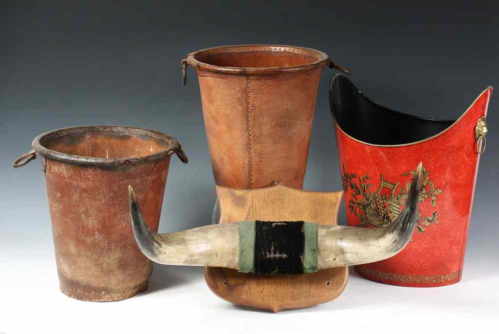 Appraisal: GROUP DECORATIVE OBJECTS - Including Early Leather Water Buckets with