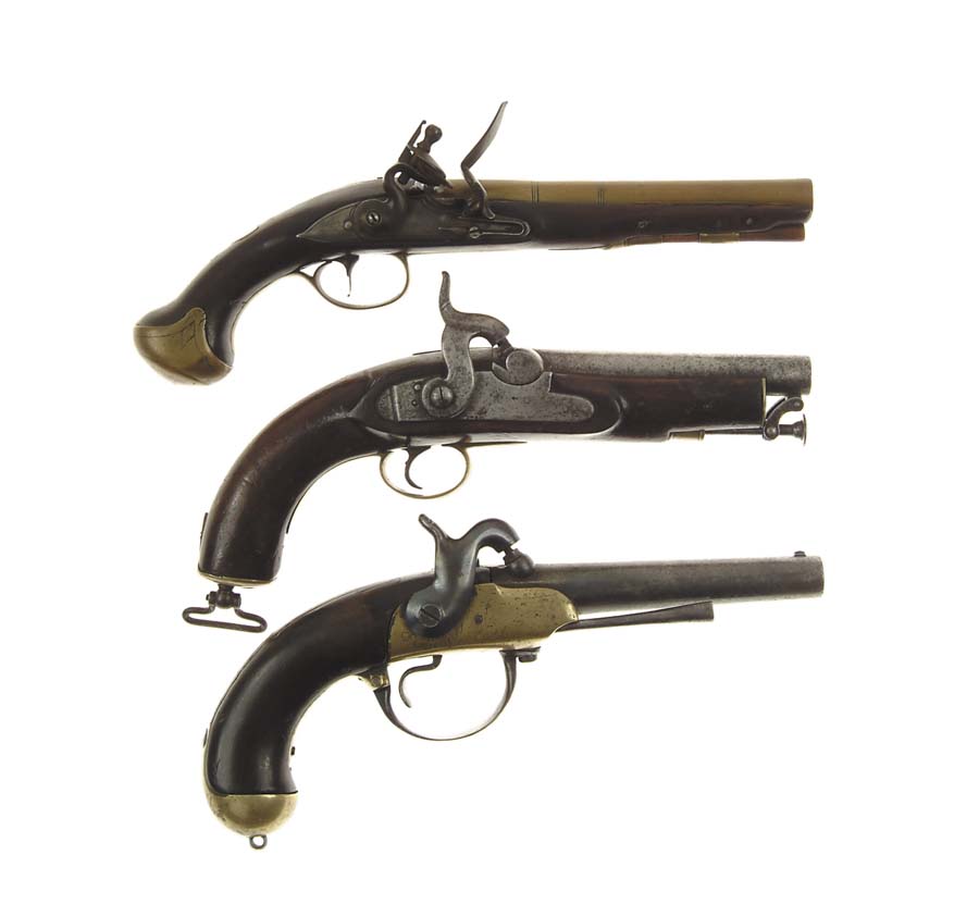 Appraisal: LOT OF THREE PISTOLS Unidentified flintlock pistol with - brass