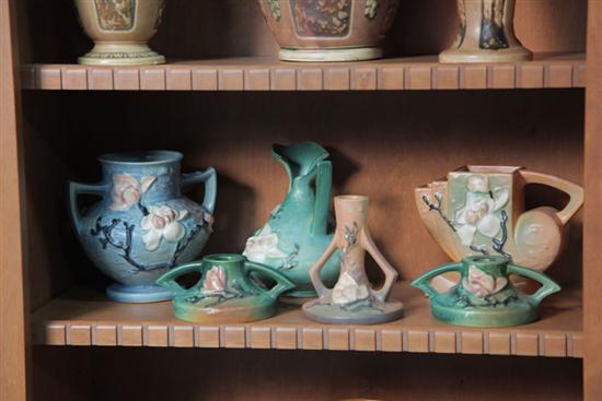 Appraisal: FIVE PIECES OF ROSEVILLE POTTERY In green pink and blue