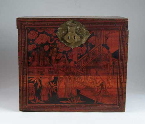 Appraisal: ORIENTAL DECORATED ANTIQUE BOX Possibly a groom s wedding chest