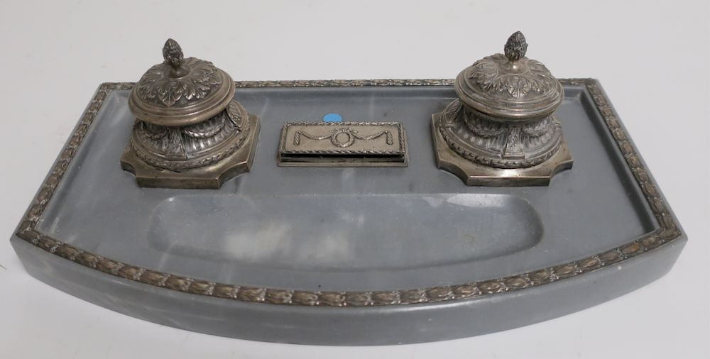 Appraisal: Continental silver Grey Marble Ink Stand Early th century H