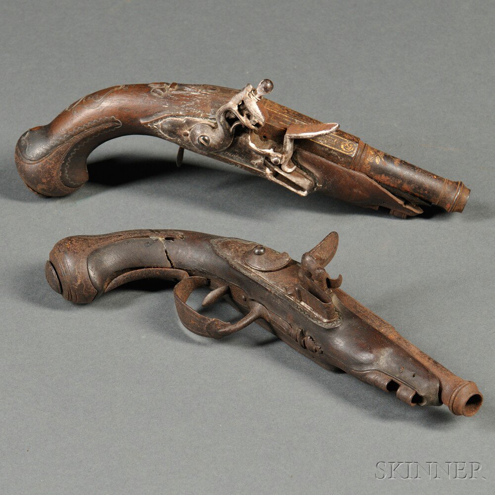 Appraisal: Pair of French Flintlock Pistols c mid- th century silver