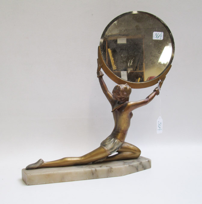 Appraisal: SPELTER FIGURAL SCULPTURE DRESSING TABLE MIRROR Art Deco style polychrome