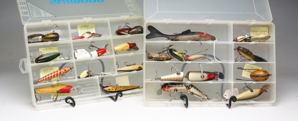 Appraisal: GROUPING OF FISHING LURES MOSTLY WOODEN American th century Mostly