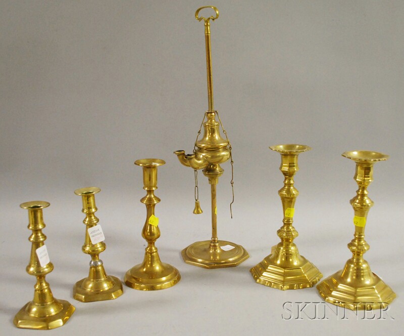 Appraisal: Five Brass Candlesticks and a European Brass Lucerna including two