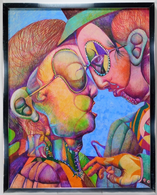 Appraisal: JOHN JURGENS SURREAL POLYCHROME COUPLE DRAWING United States th CenturySurrealist