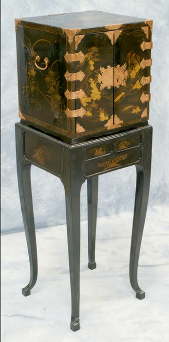 Appraisal: Lacquered Chinese jewelry cabinet on stand brass mounts interior with