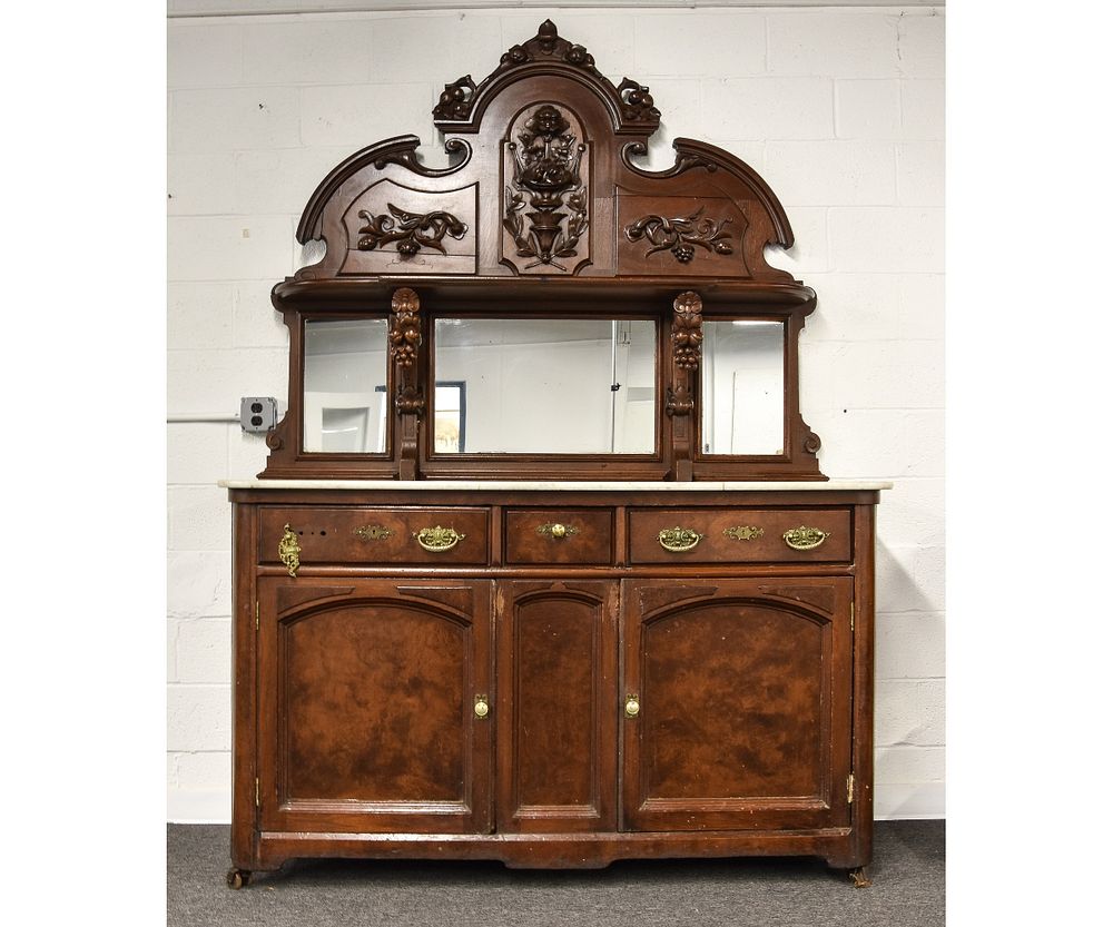 Appraisal: Victorian Walnut Sideboard Victorian walnut sideboard upper section with carved