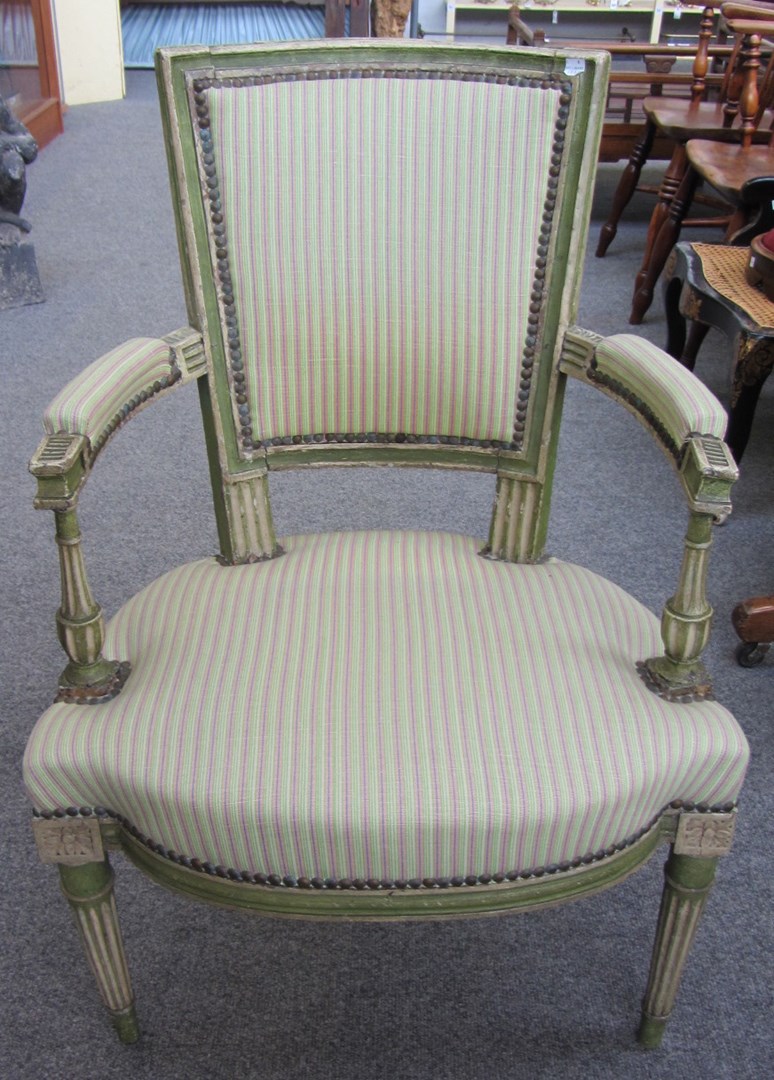 Appraisal: A green painted Louis XVI style fauteuil with bow seat