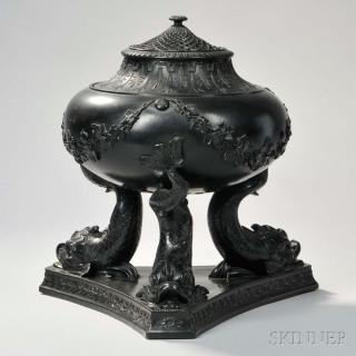 Appraisal: Large Wedgwood Black Basalt Dolphin Incense Burner and Cover England