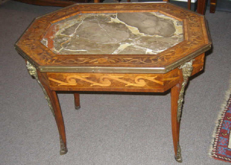 Appraisal: FRENCH DESIGN MARBLE TOP DRINKS TABLE Allover inlaid marquetry work