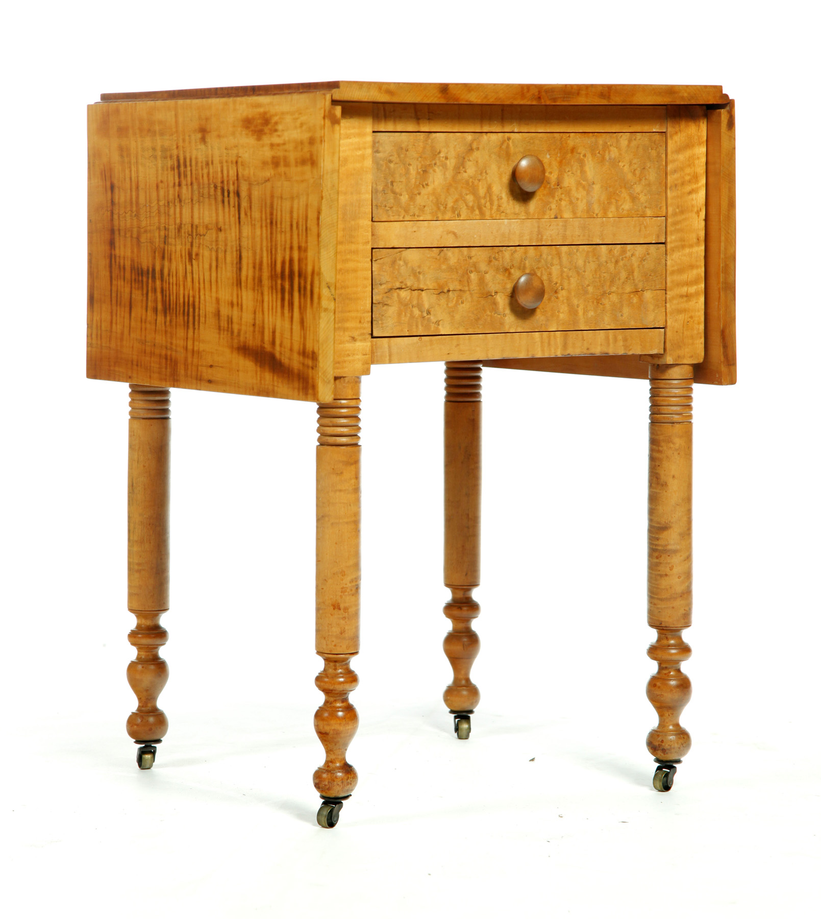 Appraisal: LATE SHERATON TWO-DRAWER DROP LEAF TIGER MAPLE WORK TABLE American