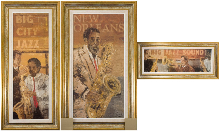 Appraisal: Three Large Textured Prints Showing Jazz Club Musicians Titled Big