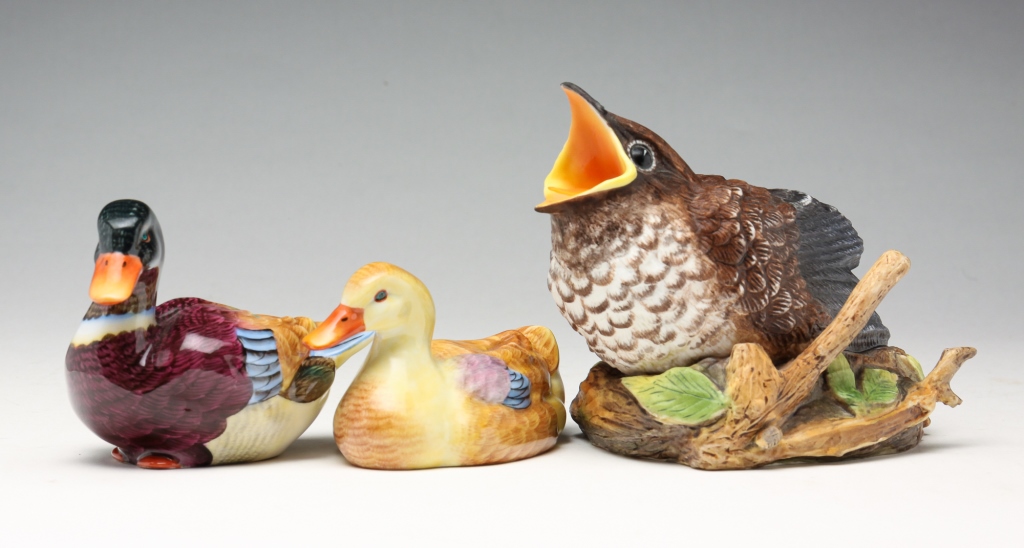 Appraisal: THREE BIRD FIGURINES INCLUDING HEREND Twentieth century Porcelain Including a