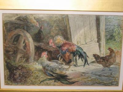 Appraisal: GEORGE HICKIN fl - Cock Fight in a Barn watercolour