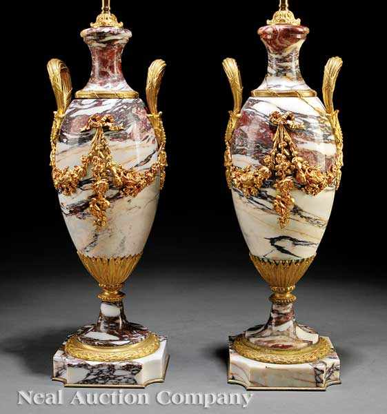 Appraisal: A Pair of Louis XVI-Style Marble and Gilt Bronze-Mounted Urns