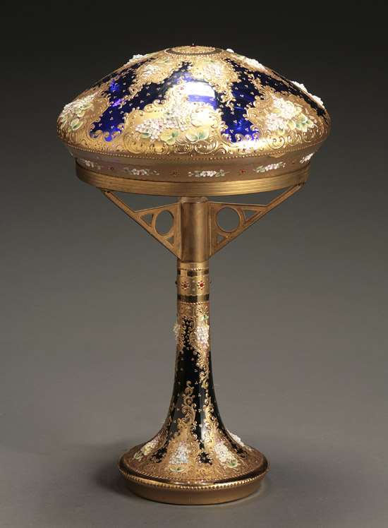 Appraisal: Moser-Type Floral Encrusted and Parcel Gilt Cobalt Glass Table Lamp