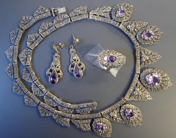 Appraisal: Sterling Marcasite and Amethyst Set Includes an elaborate necklace pair