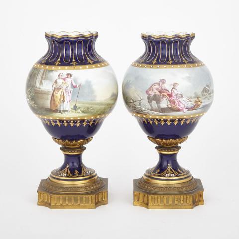 Appraisal: Pair of Ormolu Mounted S vres Blue Ground Vases late