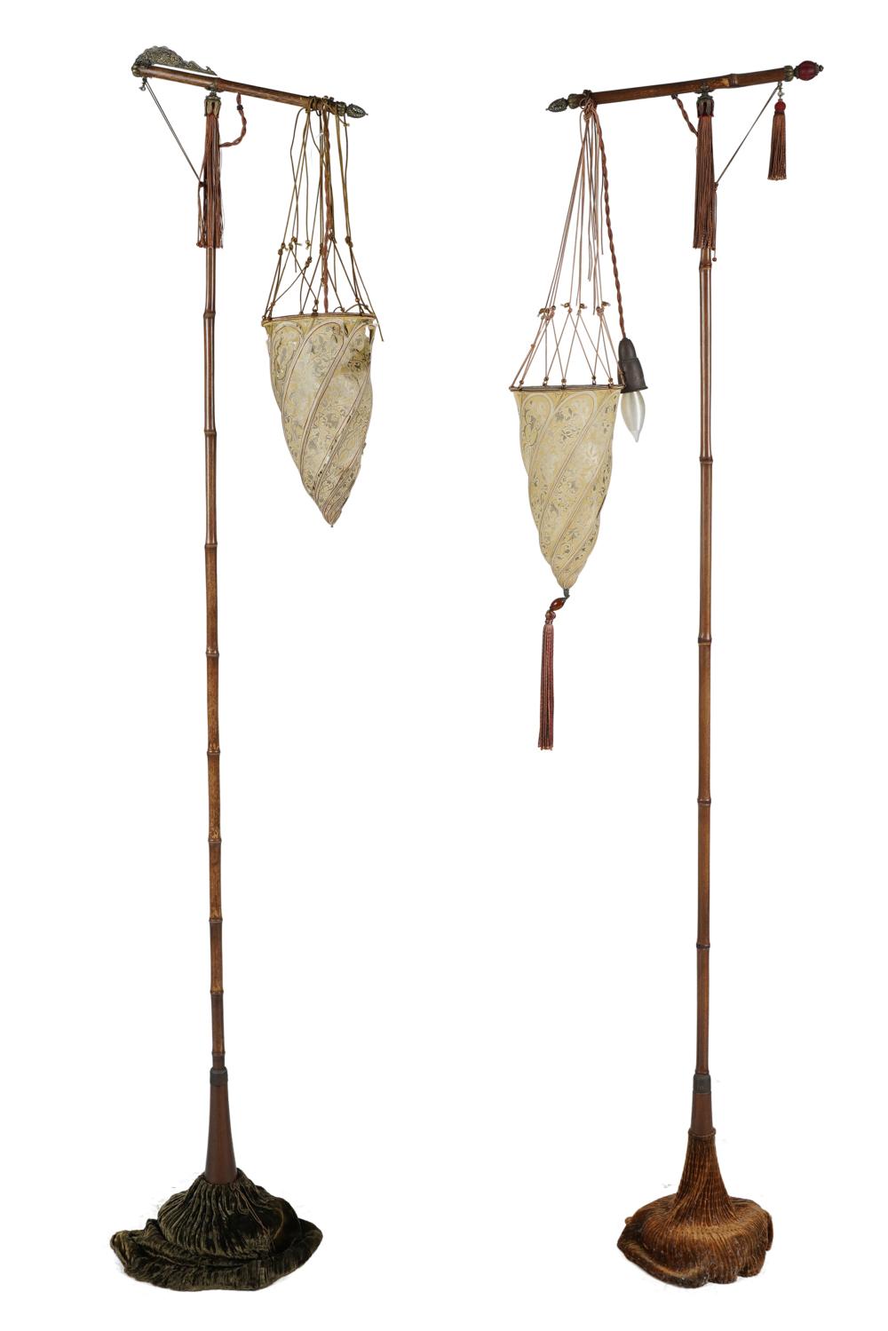 Appraisal: PAIR OF FORTUNY FLOOR LAMPSthe painted lanterns suspended on bamboo