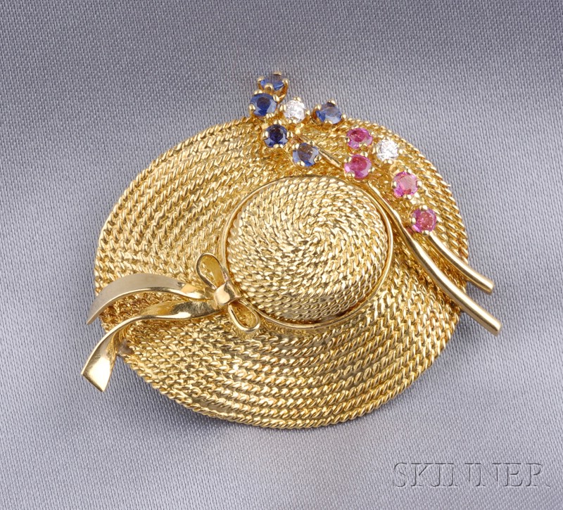 Appraisal: kt Gold Gem-set Hat Brooch designed as a straw hat