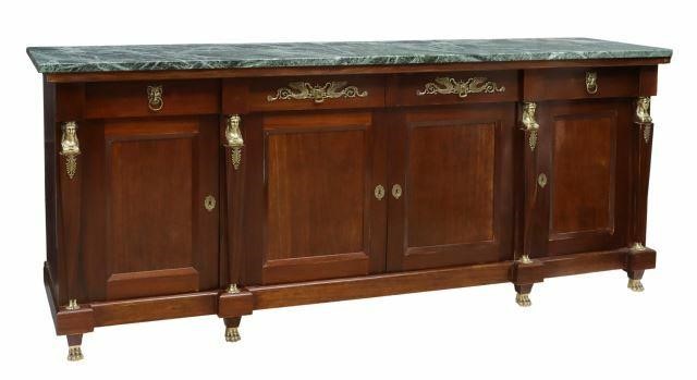 Appraisal: French Empire style marble-top mahogany sideboard th c having rectangular