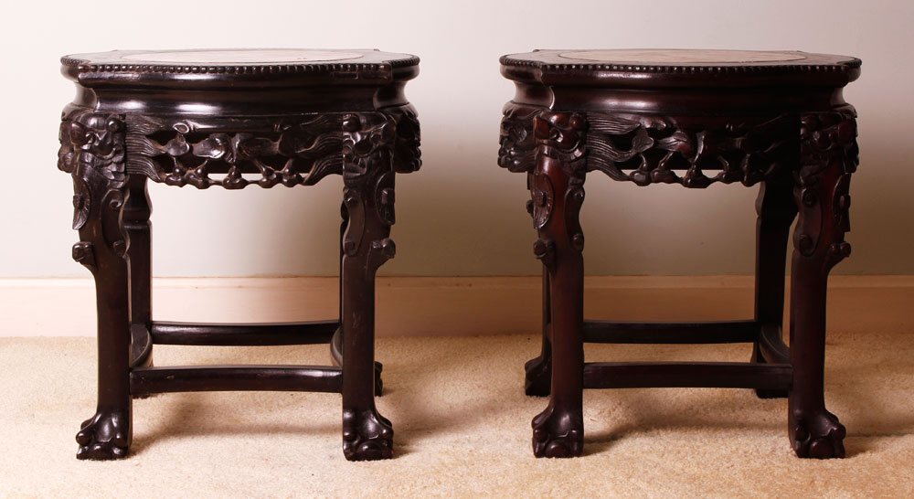 Appraisal: - Chinese Marble Top Stands Chinese teak stands with marble