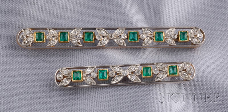 Appraisal: Two Edwardian Emerald and Diamond Bar Pins Marcus Co both