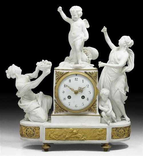 Appraisal: MANTEL CLOCK L'OFFRANDE A L'AMOUR Directoire Paris circa Biscuit and