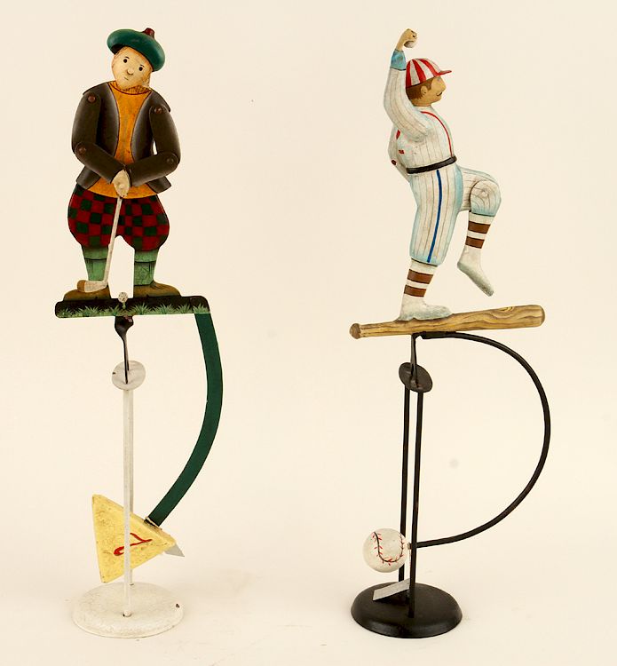 Appraisal: TWO POLYCHROMED SCULPTURES BASEBALL GOLFING Two polychromed metal sculptures of