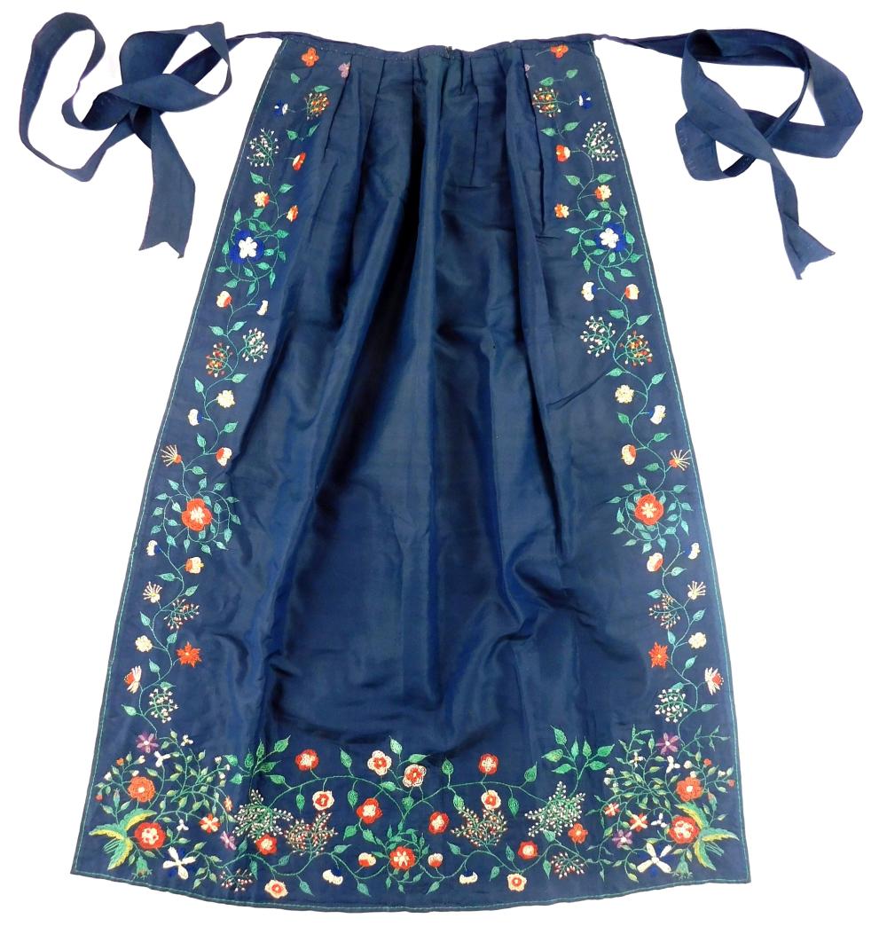 Appraisal: TEXTILES Silk embroidered apron c - blue with polychrome in