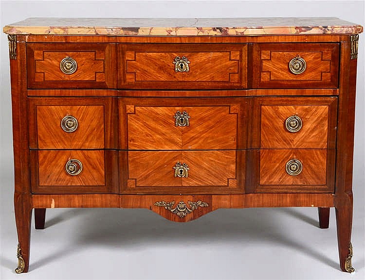 Appraisal: LOUIS XV XVI STYLE MARBLE TOP COMMODELate th Century The