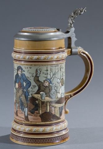 Appraisal: Mettlach Beer Stein Tavern scene signed Warth Marked on bottom