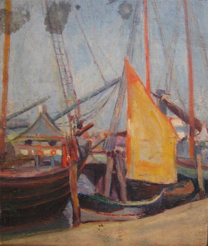 Appraisal: MERCEDES DE CORDOBA american - BOATS IN A HARBOR Oil