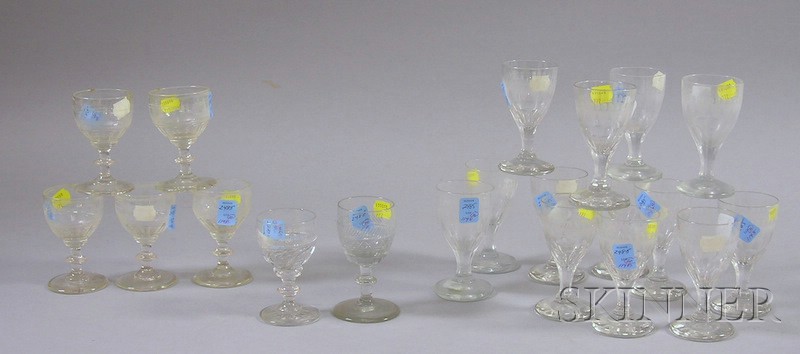 Appraisal: Twenty th Century Mostly Colorless Etched Blown Glass Wine Stems