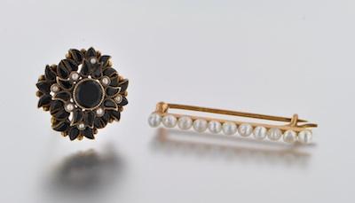 Appraisal: Two Vintage Pearl Pins One is k yellow gold barpin