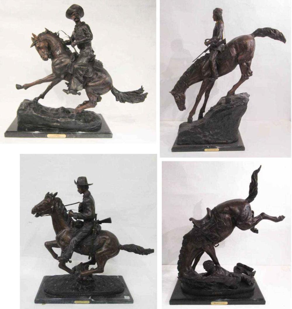 Appraisal: FOUR WESTERN BRONZE HORSE AND RIDER SCULPTURES after Frederic Sackrider