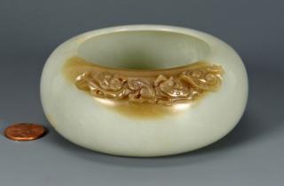 Appraisal: Carved Jade Brushwasher Carved jade brushwasher round celadon bowl with