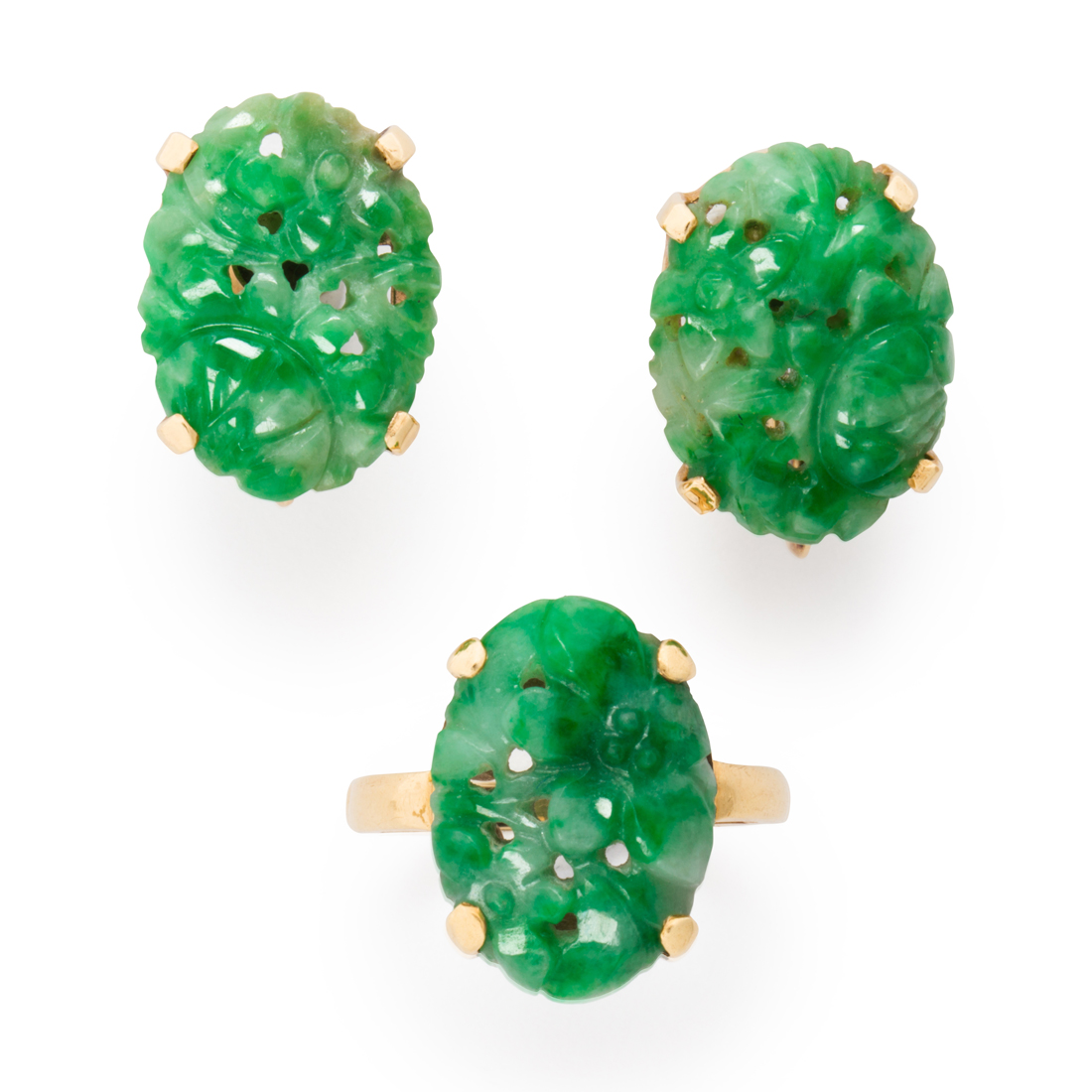 Appraisal: A PAIR OF JADE AND FOURTEEN KARAT GOLD EARRINGS AND