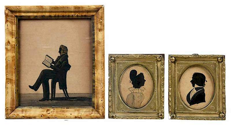 Appraisal: Three Framed Silhouettes pair of ink painting and hollow cutout