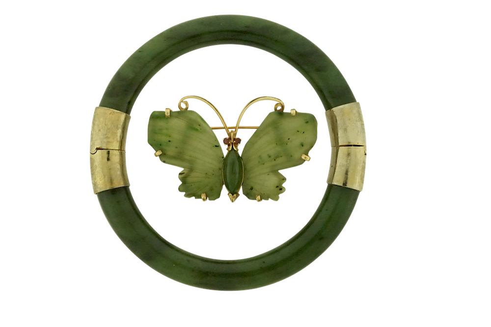 Appraisal: Jade Brooch and Bracelet Lot Jade Butterfly Brooch Jade Bracelet