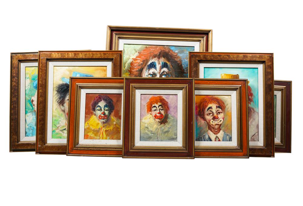 Appraisal: EIGHT FRAMED CLOWN PAINTINGSeach oil on canvas each unsigned and